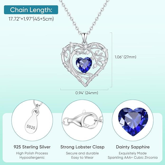 Tree of Life Birthstone Pendant Necklace - 925 Sterling Silver Heart Cubic Zirconia Diamond Women Pendant Necklaces for Her Daughter Girlfriend Birthday Gift Ideas for Wife Mom for Valentines Day