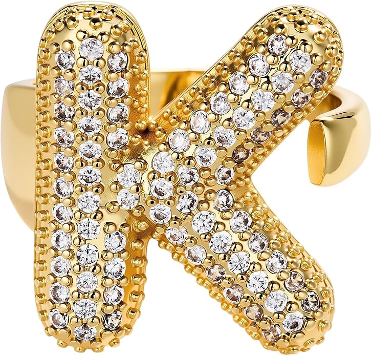 Cicy Bell Initial Rings for Women 14k Gold Plated Cubic Zirconia Delicate Letter Chunky Statement Open Rings Gifts for Her