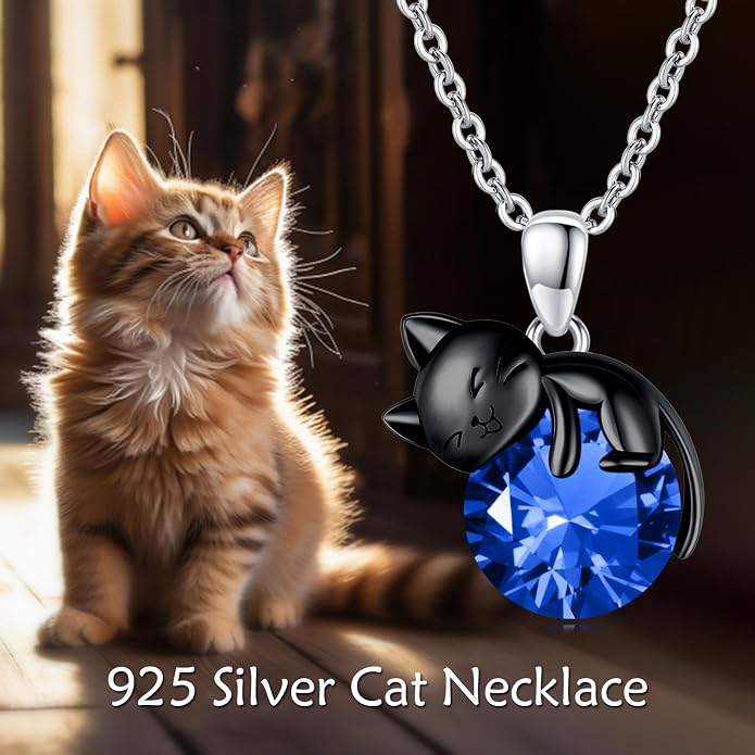 Cat Necklace Sterling Silver Cat Zircon Pendant Gothic Jewelry for Women Animal Lovers Gifts