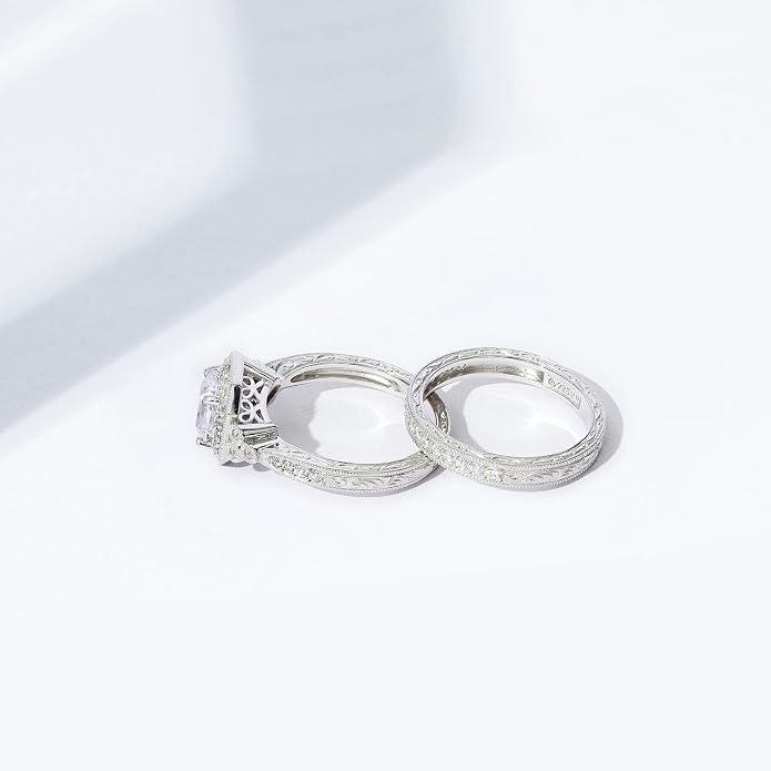 Amazon Essentials Platinum or Gold Plated Sterling Silver Antique Ring set with Asscher-Cut Infinite Elements Cubic Zirconia