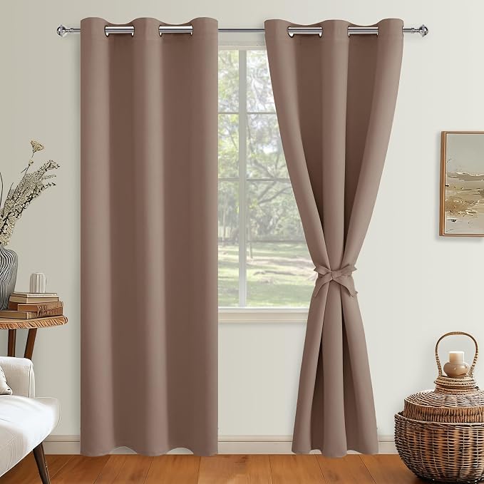 Hiasan Blackout Curtains for Bedroom, 38 x 84 Inches Long - Thermal Insulated & Light Blocking Window Curtains for Living Room, 2 Drape Panels Sewn with Tiebacks, Cappuccino