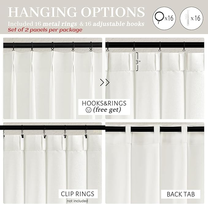 White Linen Curtains 92 Inches Long for Nursery 2 Panels Set, Memory Trained Pinch Pleated Soft Drapes for Living Room Light-Filtering Sheers Privacy Curtain That Let Light in 90-92 Inch Large Windows
