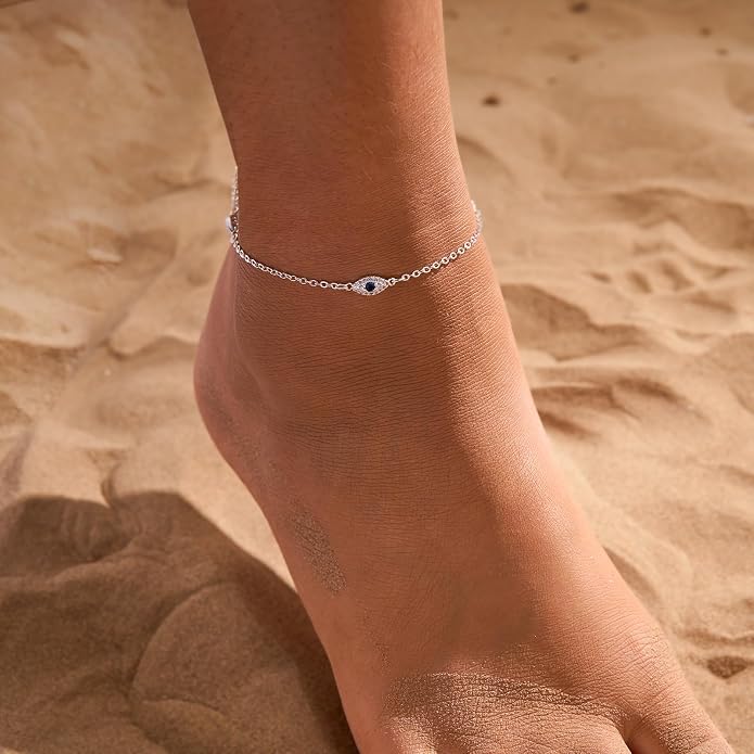 Rotnso Anklets for Women 14K Gold Silver Plated Ankle Bracelets Trendy Waterproof Boho Anklets Set Adjustable Dainty Cute Diamond Beaded Heart Non Tarnish Summer Beach Jewelry Gift