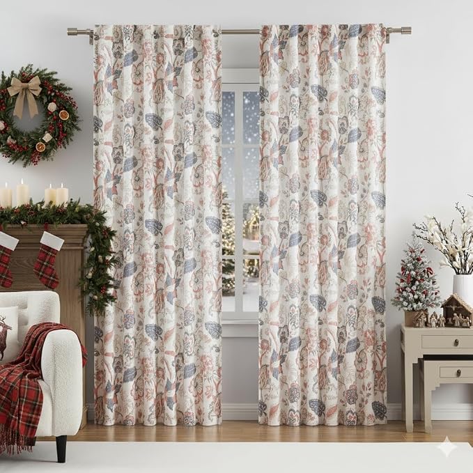Kayne Studio Backtab Rod Pocket Jacobean Floral Semi Sheer Curtains, Botanical Curtains Tab, Vintage Farmhouse Drapes for Bedroom, Navy Red Light Filtering Window Treatment Sets,52"x84",2 Panels