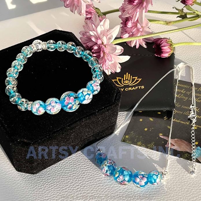 ARTSY Crafts Lily Garden Glow in the Dark Firefly Bead Bracelets Necklaces, Handmade in USA Murano Glass Jewelry, Flower Luminous Beads Mermaid Crystal Bracelet Bangle