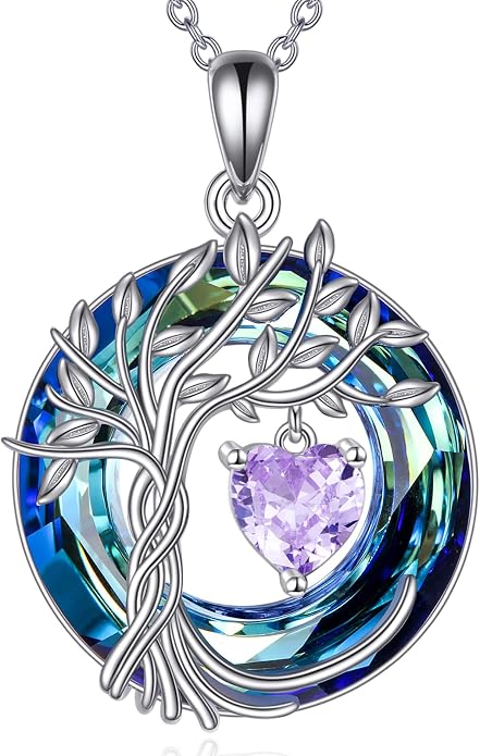 POPLYKE Mothers Day Gifts for Mom Her Wife Tree of Life Necklace 925 Sterling Silver Birthstone Pendant with Crystal Anniversary Birthday Wedding Jewelry for Women