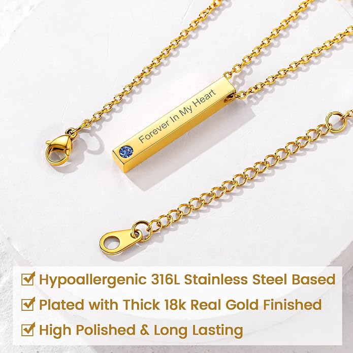 GOLDCHIC JEWELRY Personalized Birthstone Name Necklaces for Men Women, Engraved Family Names Necklace with Birthstone Vertical Bar Necklace, Pendant for Husband/Father/Grandma/Wife Birthday Gifts
