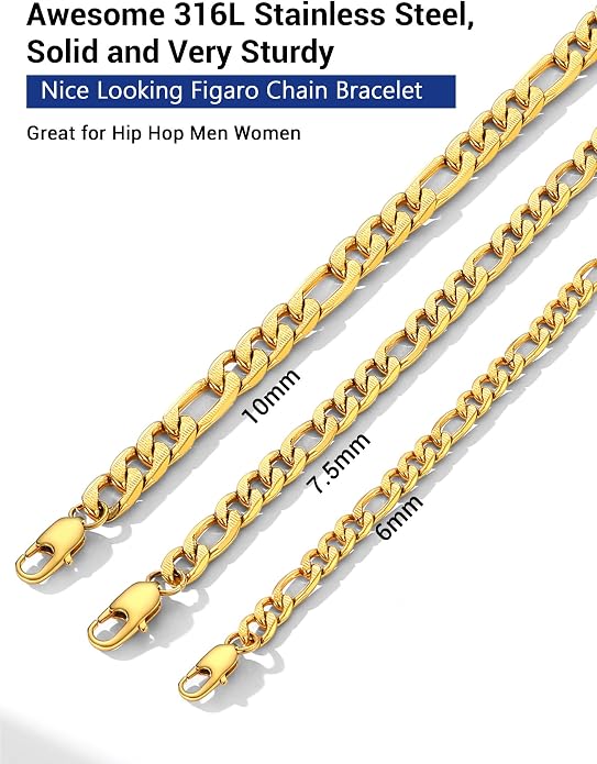 PROSTEEL Silver/Gold/Black Bracelets for Men Figaro Cuban Link, 6mm-13mm Width, 7.5"/8.3"/9" Length, Stainless Steel Mens Bracelet Jewelry with Gift Box