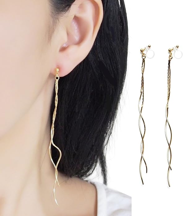 Comfortable Stick Invisible Clip On Earrings Gold Dangle Long Waved Threader Bar Clip-On Non Pierced Earrings Silver For Women,…