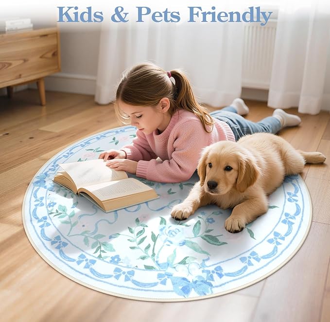 Collive Blue Bow Round Rugs for Girls, 4ft Floral Washable Circle Rug for Bedroom, Cute Ultra-Thin Non Slip Indoor Decor Carpet for Nursery Kids Room Playroom Living Room