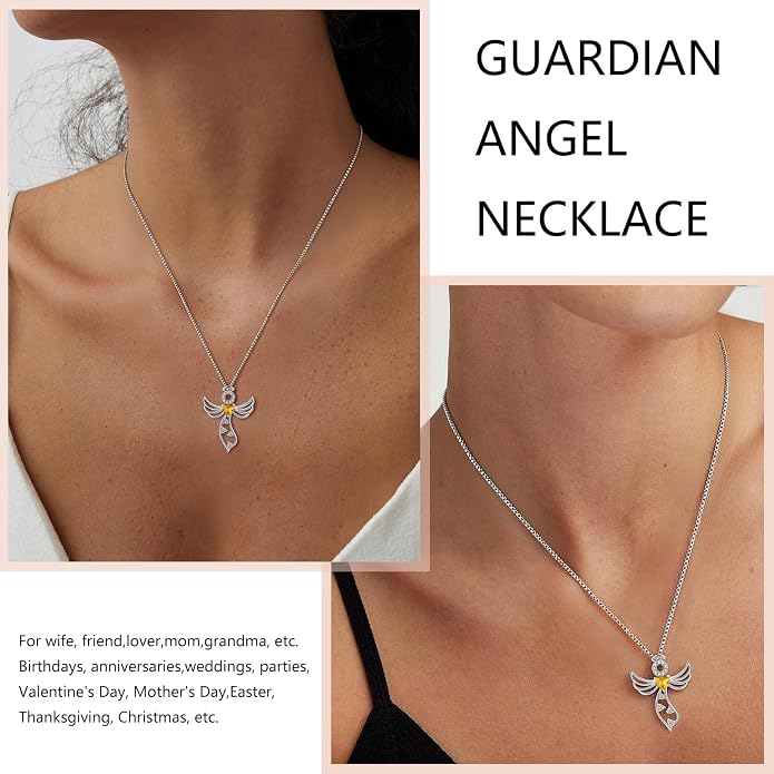 925 Sterling Silver Guardian Angel Pendant Necklace for Women - Birthstone Cubic Zirconia, 18" Chain, Gift for Her