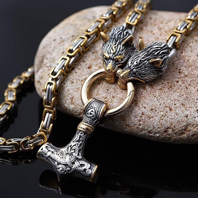Viking Wolf Head Thor’s Hammer Pendant Necklace – Stainless Steel Norse Amulet Jewelry for Men, Nickel-Free, Gift Box Included