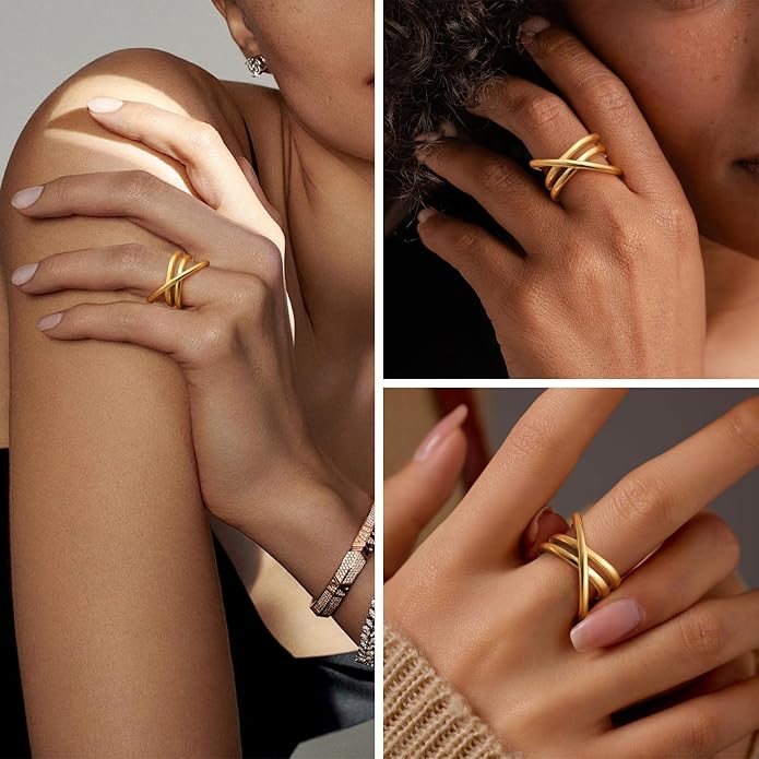 MPRAINBOW Chunky Gold Rings for Women - 18K Gold Plated Ring,Non-Tarnish Stainless Steel Statement Band Trendy Jewelry Gift,Party Prom Christmas Valentines Day Birthday Gifts for Girlfriend Sister
