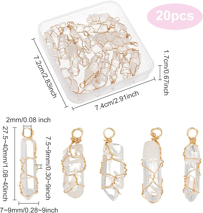 FINGERINSPIRE 20 Pcs Natural Quartz Crystal Pendant Gold Plated Wire Wrapped Quartz Clear Crystal Gemstone Pendant without Chain Irregularly Stones Pendant for Necklaces Earrings Jewelry Making