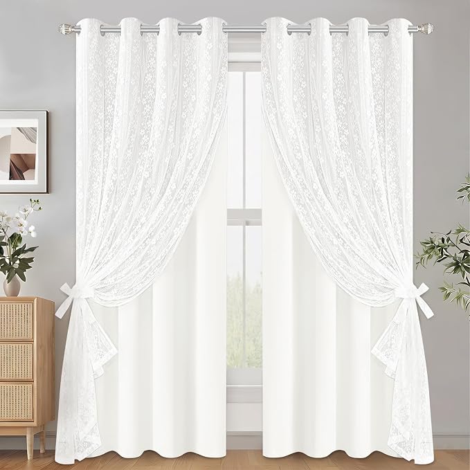 ASPMIZ White Blackout Curtains for Bedroom 84 inch Long, Double Layer Curtains for Living Room Light Blocking Grommet Drapes with Lace Overlay, Thermal Insulated Window Curtain Panels Set of 2, 52x84