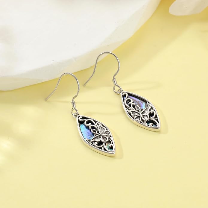 Sterling Silver Abalone Shell Filigree Dangle Drop Earrings Bohemia Jewelry Gift for Women Mother Mom