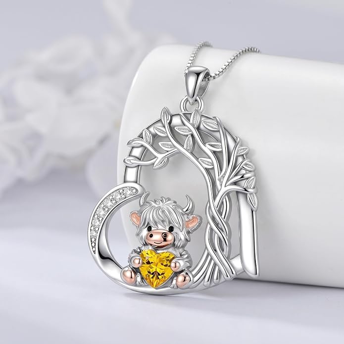 PELOVNY Teddy Bear Necklace for Women 925 Sterling Silver Bear/Highland Cow/Fox/Cat/Axolotl Birthstone Necklace Christmas Birthday Jewelry Gifts for Mom Daughter Wife Sister