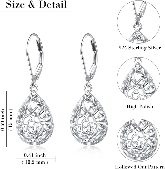 925 Sterling Silver Filigree Dangle Drop Earrings Daisy/Lotus/Rose Flower/Moonstone Leverback Teardrop Earrings for Women Infinity Celtic Knot Daisy Lotus Jewelry for Mothers Day