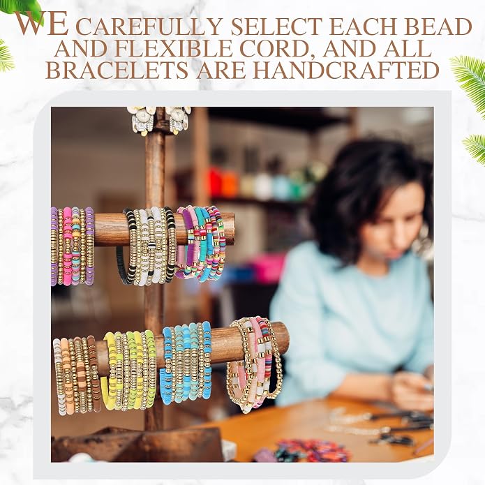 Yinkin 67 Pcs Surfer Heishi Clay Bead Bracelets for Women Handmade Beaded Bracelets Colorful Beaded Bracelets Elastic Boho Jewelry Beach Friendship Stretch Bracelet Set for Girls Teen