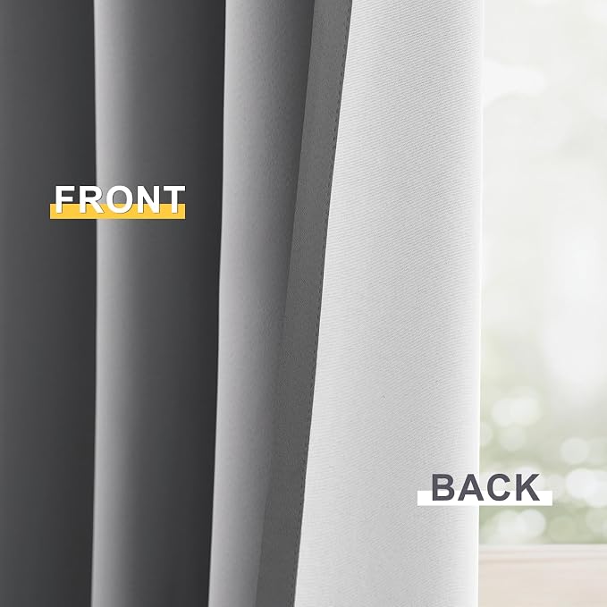 Yakamok Grey 100% Blackout Curtain Panels 84 inches, 50" Wide, 2 Panels | Blackout Curtain Panels for Bedroom, 2 Thick Layers Grommet Top Thermal Insulated Drapes with White Back for Living Room