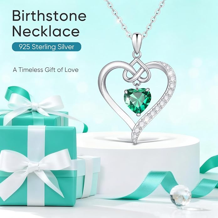 925 Sterling Silver Birthstone Heart Necklace for Women - Infinity Love Pendant with Cubic Zirconia, 12 Colors, Valentine's Day Gift for Her, 12 Months, Birthday Anniversary Christmas Jewelry Gifts