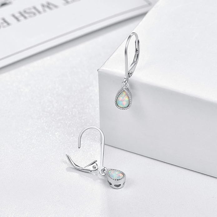 Teardrop Leverback Drop Dangly Earrings, 925 Sterling Silver with Opal/Moonstone Hypoallegenic for Sensitive Ears Jewelry Gift for Women Girlfriend with Gift Box