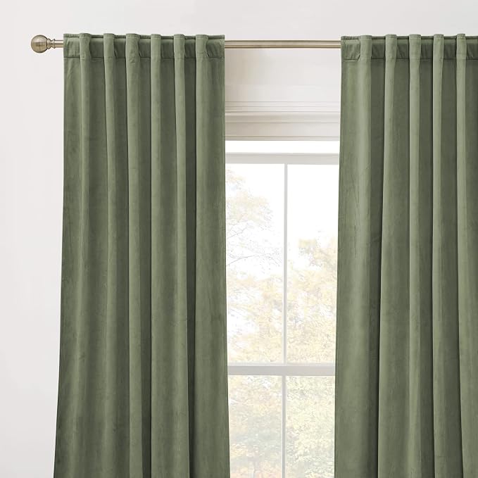 RYB Home Plush Velvet Curtains, Heavy Duty Back Tab Decorative Window Drapes Privacy Room Darkening Covering for Living Room Playroom, Sage Green, W52 x L108 inches, Set of 2 Panels
