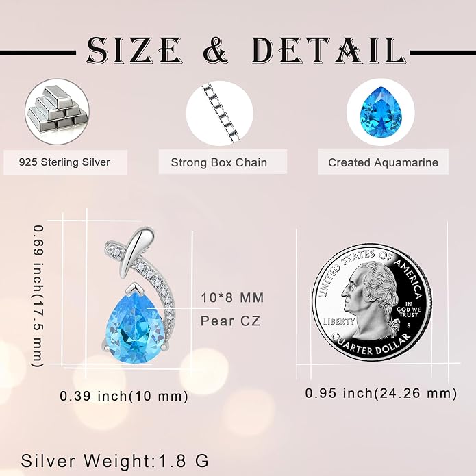 Teardrop Birthstone Necklace for Women,925 Sterling Silver Pear Cut Zircon Gemstone Pendant Necklace for Birthday Engagement Anniversary Wedding Jewelry