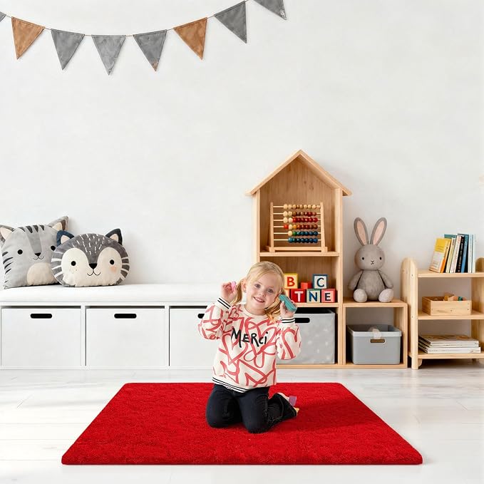 Red Rugs for Bedroom, 2x3 Fluffy Area Rugs for Living Room, Small Fuzzy Shag Soft Carpet with 4 Non-Slip Adhesive Strips for Kids Boys and Girls Nursery Dorm Room Home Decor (2ft X 3ft, Red)