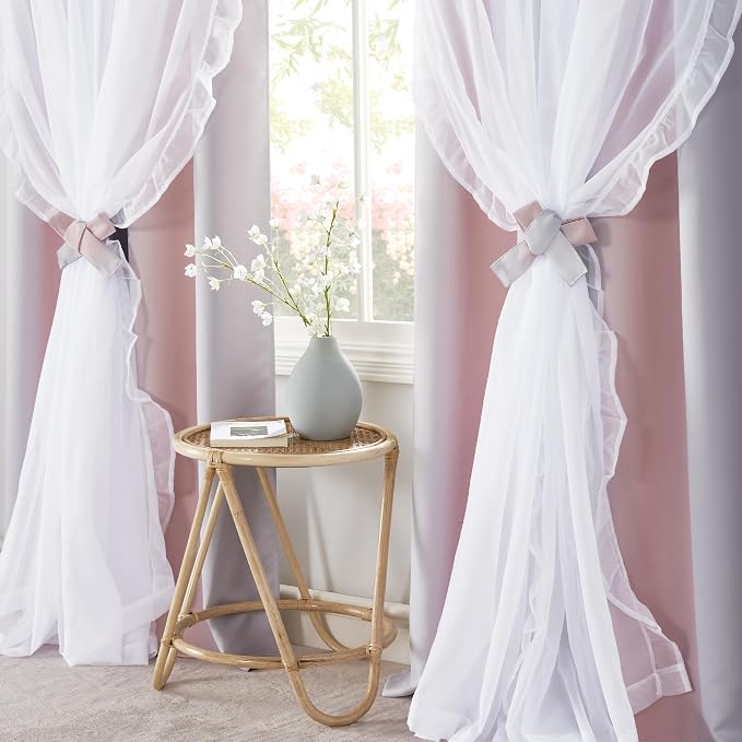 PONY DANCE Gradient Blackout Curtains for Living Room Decor Window Treatment Double Layer Drapes Ruffle Sheer Overlay Farmhouse Rustic Design, W 52 x L 84 Inches, Grey-Pink, 2 Panels