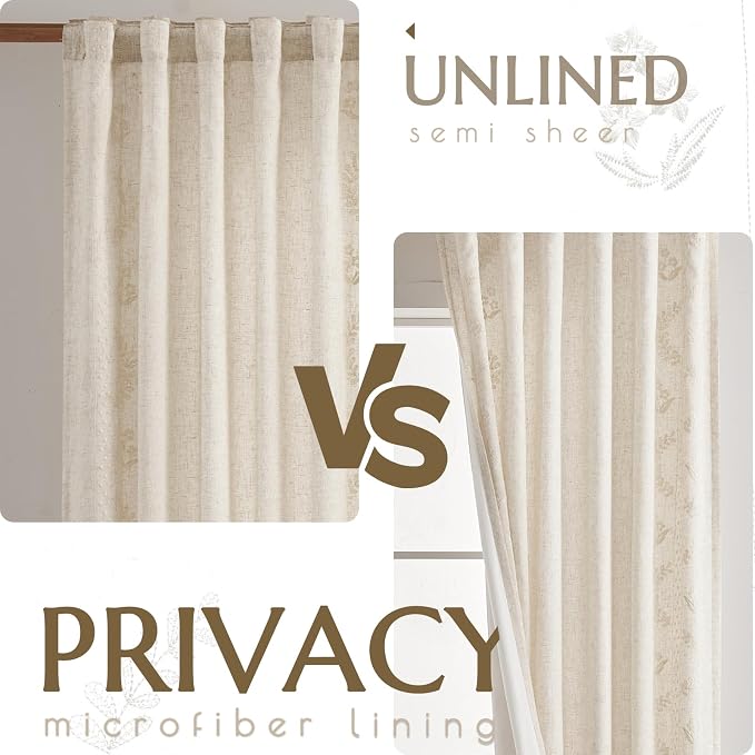 jinchan Floral Lined Linen Curtains 84 Inch Back Tab 2 Panels Ivory | Embroidered curtains,privacy lining,boho curtains,light filtering,living room,bedroom,flower patterned,window treatment