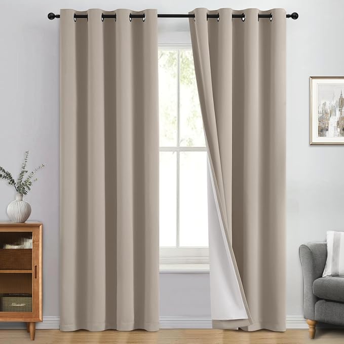 Yakamok Natural Blackout Curtains 84 Inches Long for Bedroom 50" Wide 2 PCS | Blackout Curtain Panels for Bedroom, 2 Thick Layers Grommet Top Thermal Insulated Drapes with White Back for Living Room