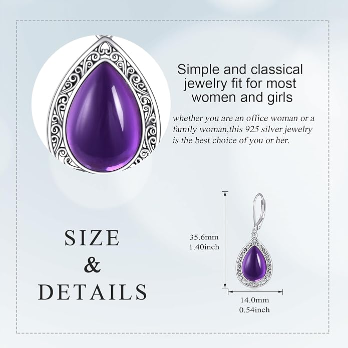 Moonstone/Lapis Lazuli/Peridot/Amethyst/Pink Teardrop Earrings for Women Sterling Silver Filigree Dangle Earrings Leverback Earrings Jewelry Gifts for Women