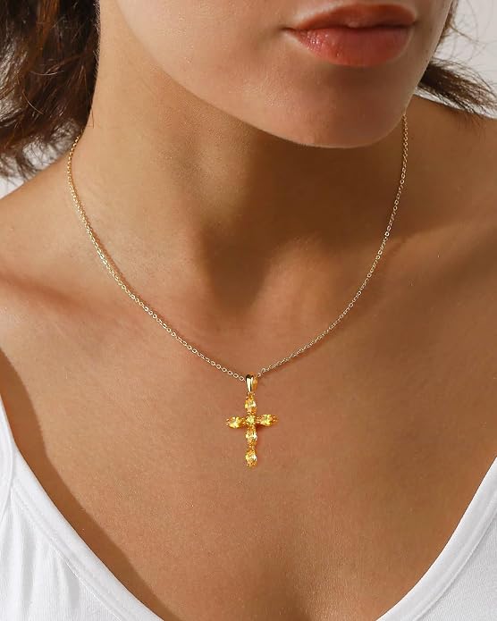 14K Gold Plated 925 Sterling Silver Birthstone Cross Necklace for Women Men
