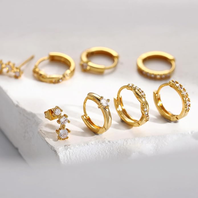 6 Pairs 14K Gold Plated Stud Earrings for Women, Hypoallergenic Cartilage Earrings for Multiple Piercing, Dainty Small Stackable Earrings Set for Jewelry Gift