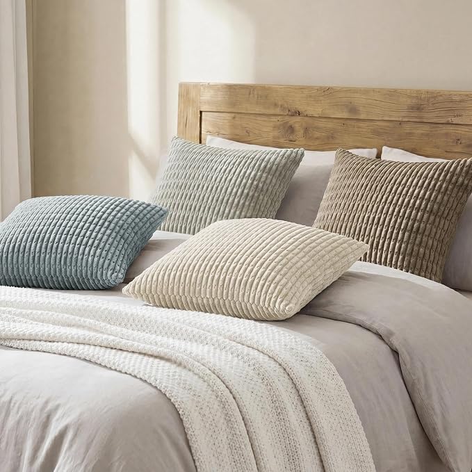 Softalker Throw Pillow Covers 16x16 Inch, Set of 4, Corduroy Soft Striped Farmhouse Boho Pillow Cover, Modern Decorative Cushion Pillow Case for Couch Sofa Bedroom Living Room, Grey/Beige