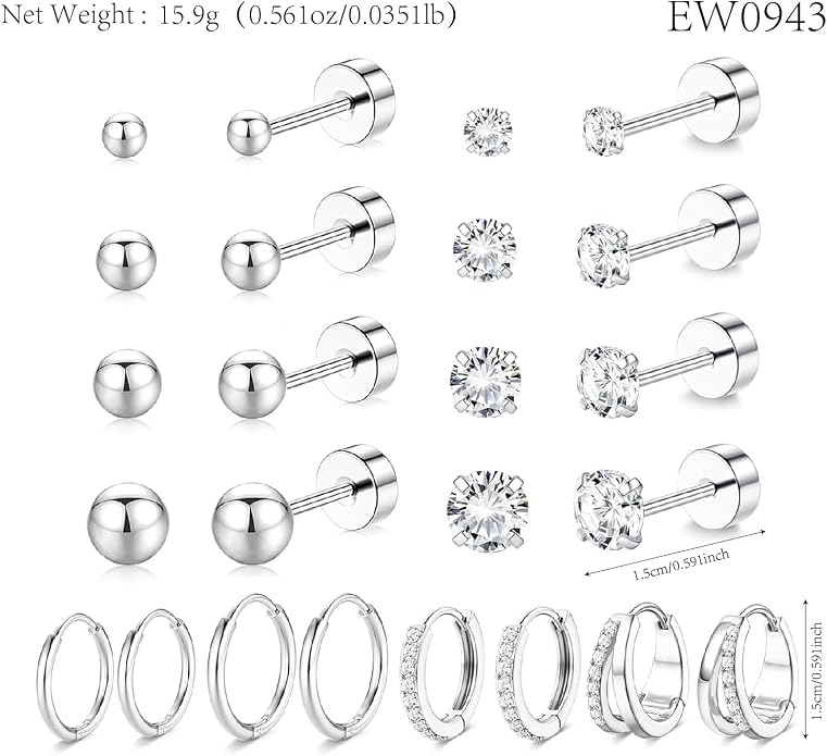 Stainless Steel Stud Earrings Set for Women Hypoallergenic Flat Back Cartilage Earrings Screw Back Huggie Hoop Earrings Multiple Piercing Cubic Zirconia Helix Tragus Jewelry