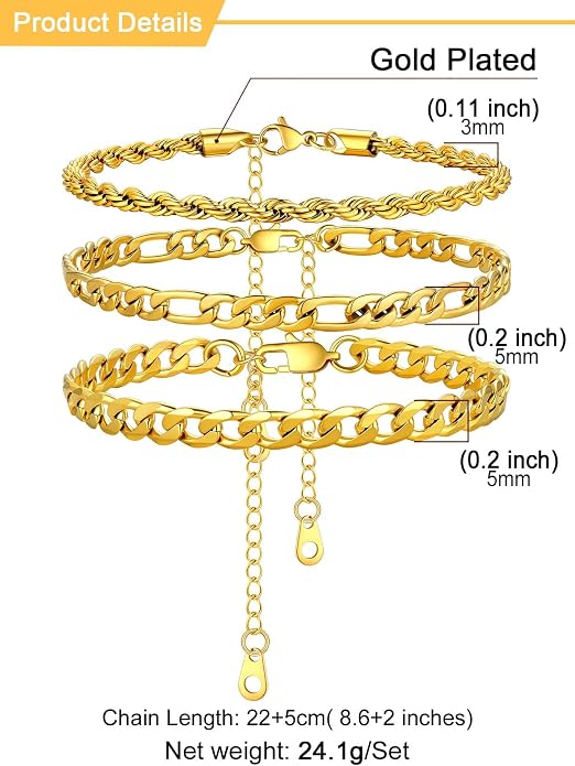 U7 2Pcs/3Pcs Ankle Bracelets for Women, Stainless Steel Cuban Link/Figaro/Rope/Heart Chain Anklets Sets,Waterproof Layered Anklets Adjustable 8.5"-10.5"