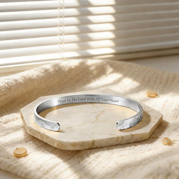Inspirational Bible Verse Cuff Bracelet for Women, 18K Gold Plated Hammered Bangle, Christian Faith Jewelry Gift, Adjustable Non Tarnish