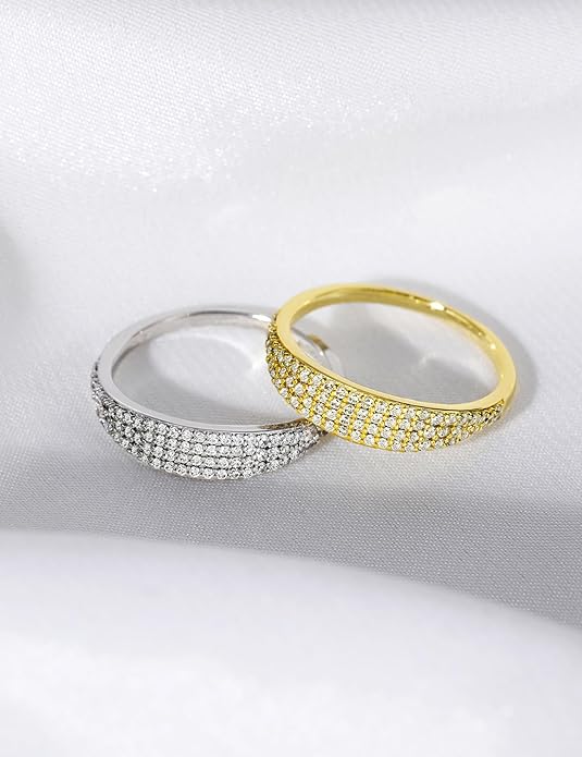 Mameloly Wedding Bands for Women 14K Gold Plated Slim Signet Ring Stackable Pave Cubic Zirconia Dainty CZ Engagement Rings for Her Size 3-12