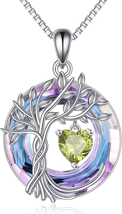 POPLYKE Mothers Day Gifts for Mom Her Wife Tree of Life Necklace 925 Sterling Silver Birthstone Pendant with Crystal Anniversary Birthday Wedding Jewelry for Women