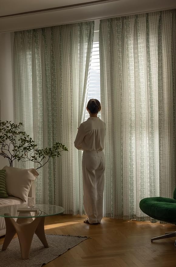 DrapePalette - Linen Blend Pinch Pleated Curtains 108 Inches Long for Living Room, Bedroom, Dining Room, Light Filtering Curtains 2 Panels Set, Modern Floral Printed Design, Summer Green, 30"W x 108"L