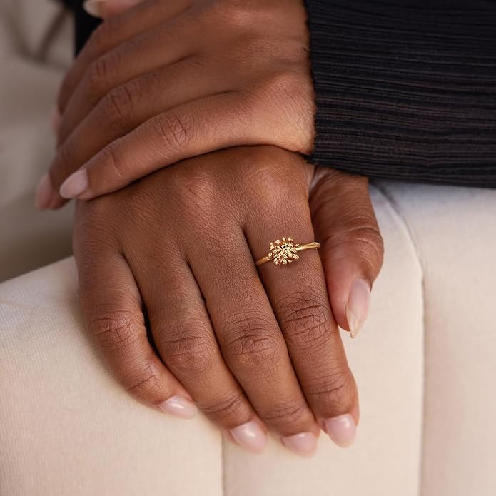 Birth Flower Ring for Women 14K Gold Plated Floral Minimalist Stackable Finger Jewelry Birthday Gifts
