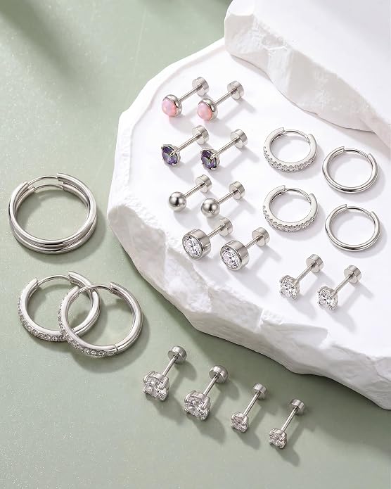 14K Gold Plated Hypoallergenic Earring Stack Set, Surgical Steel Flat Back & Screw Back Studs, Multi‑Size Small Huggie Hoops, Nickel‑Free CZ Pearl Opal Cartilage Earrings, Comfortable Sleeping Piercing Jewelry for Sensitive Ears Women & Men