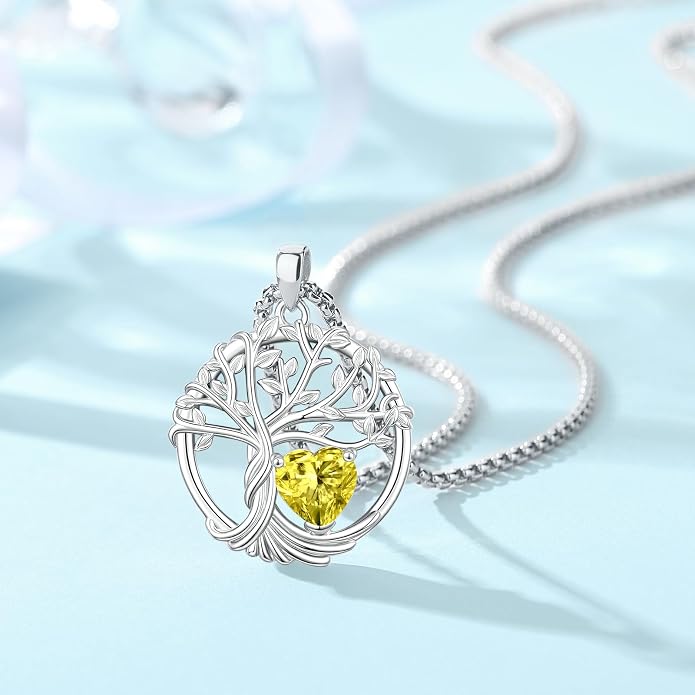 Birthstone Tree of Life Necklace for Women Heart Crystal Pendant Silver Plated Birthday Anniversary Jewelry for Wife, Mom, and Her
