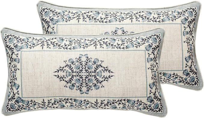 ISAENNE Designer Linen Throw Pillow Cover,Set of 2,20"x12"-Segerman A | Elegant Chinoiserie Rectangle Pillow Cover,Concealed Zipper Design,Floral Pattern,Sofas,Bedroom,Living Room,Lounge Chairs