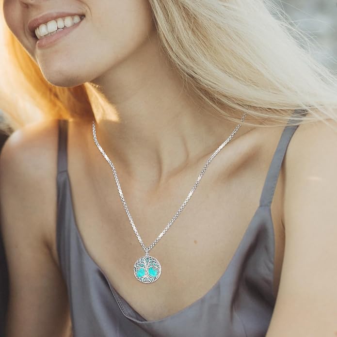 Jewelry Gifts - Tree of Life Necklace Sterling Silver Abalone Shell/Opal/Moonstone/Black Onyx/Turquoise/Malachite/Crystal Family Tree of Life Jewelry for Women Men