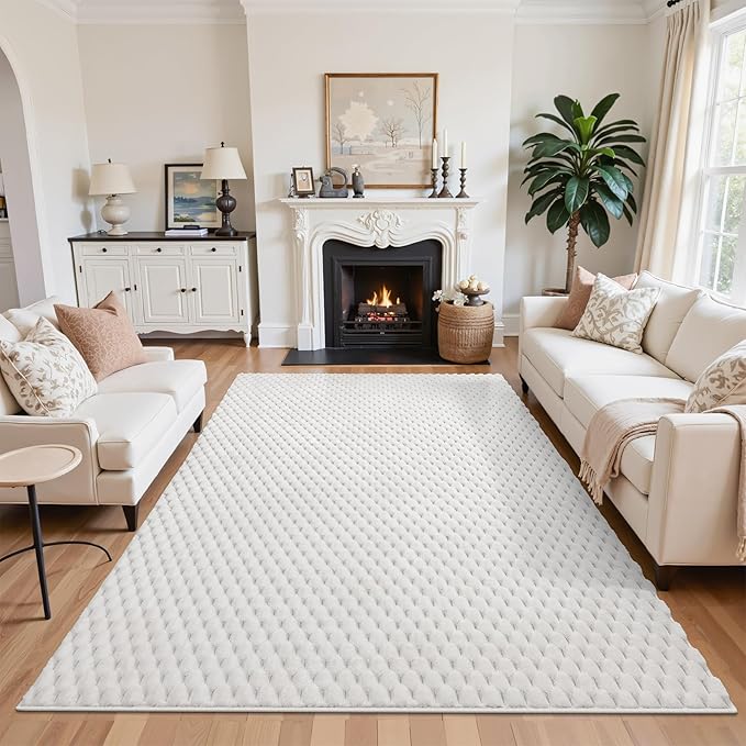 Vaukki 5x8 Area Rug for Living Room, Non Slip Washable 3D Bubble Living Room Rug, High Low Pile Hexagon Floor Mat for Bedroom, Modern Soft Fluffy Carpet for Dining Room, Office and Nursery, White
