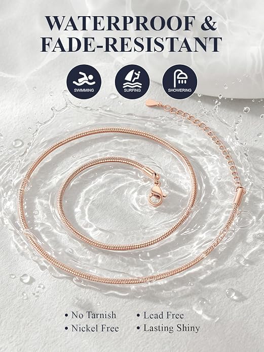 U7 Snake Necklace for Women 14K Gold Plated/Silver/Rose Gold/Black Chain Necklace Hypoallergenic, Stainless Steel Tiny Snake Chain Necklace 1/1.2/1.5/2MM, 14-30" Adjustable Minimalist Gift