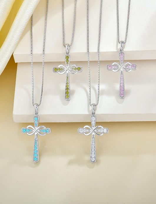 YL 925 Sterling Silver Cross Necklace for Women Halo Infinity Pendant Cubic Zirconia Jewelry for Mom